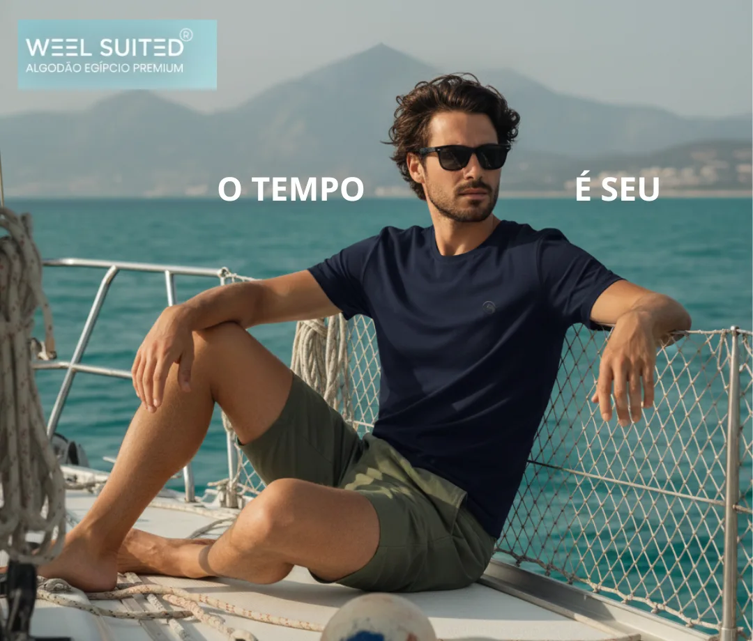 Modelo no barco usando camiseta azul-marinho Weel Suited